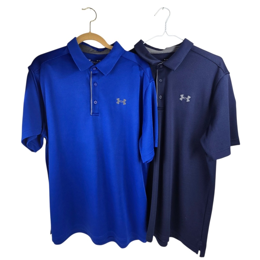 2 Under Armour Men's XL Navy Blue & Royal Blue Performance Golf Polo Shirts NICE